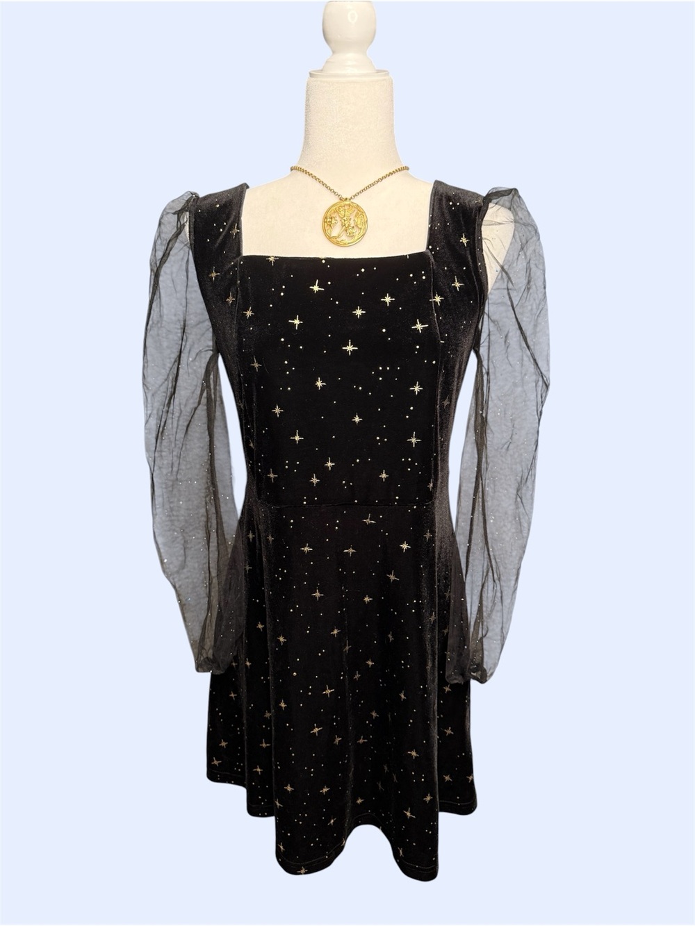 Allegra K Celestial Gold Star Velvet Dress Sheer Mesh Sleeve Size M Whimsigoth